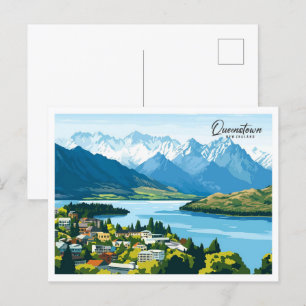 Aerial View Queenstown New Zealand Illustration Postcard