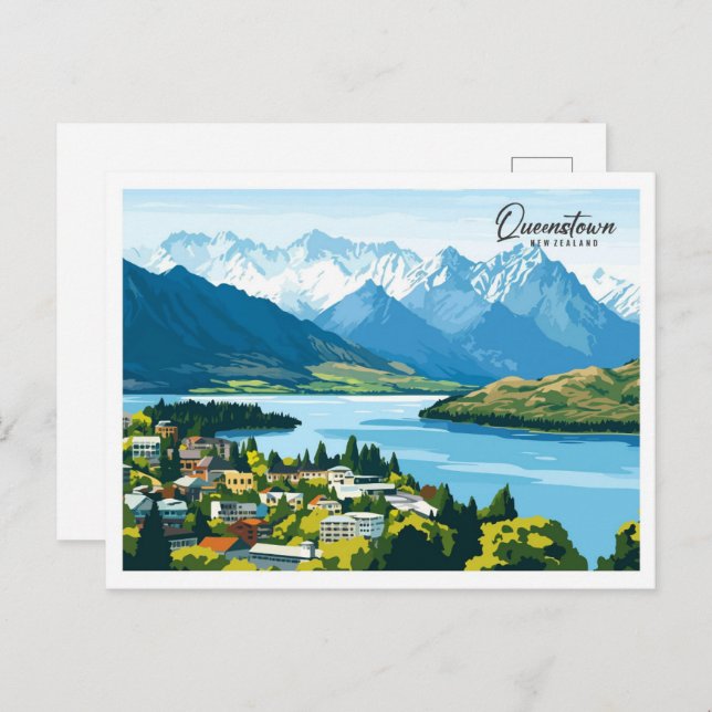 Aerial View Queenstown New Zealand Illustration Postcard (Front/Back)