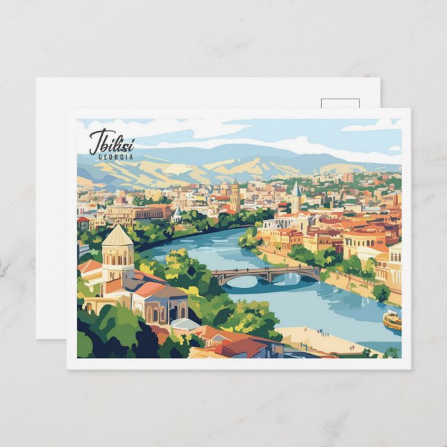 Aerial View Tbilisi Georgia Illustration Travel Postcard (Front/Back)