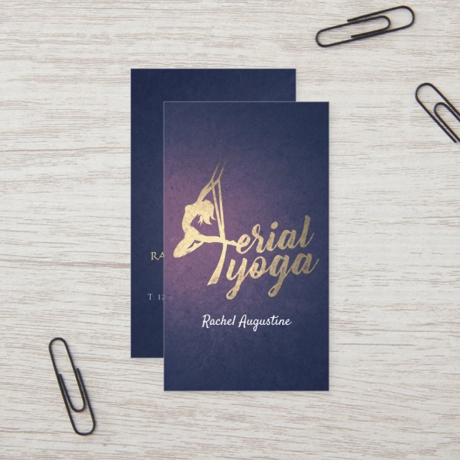 Aerial Yoga Instructor Pilates Fitness Purple Gold Business Card (Front/Back In Situ)