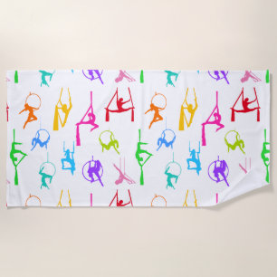 Aerialist Aerial Silks Lyra silhouettes rainbow Beach Towel