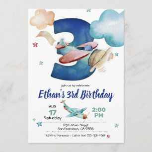 Aeroplane 3rd Birthday Invitation - Aeroplane Them