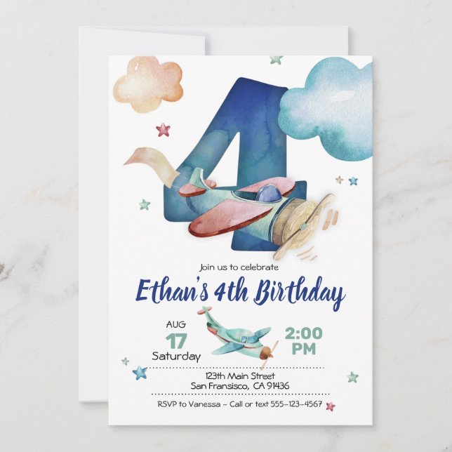 Aeroplane 4th Birthday Invitation - Aeroplane Them (Front)