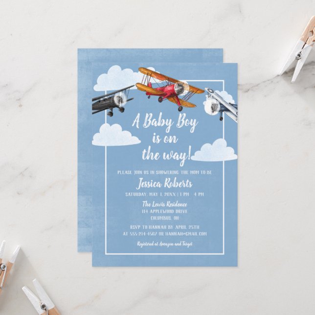 Aeroplane Adventure Baby Boy Shower Invitation (Front/Back In Situ)