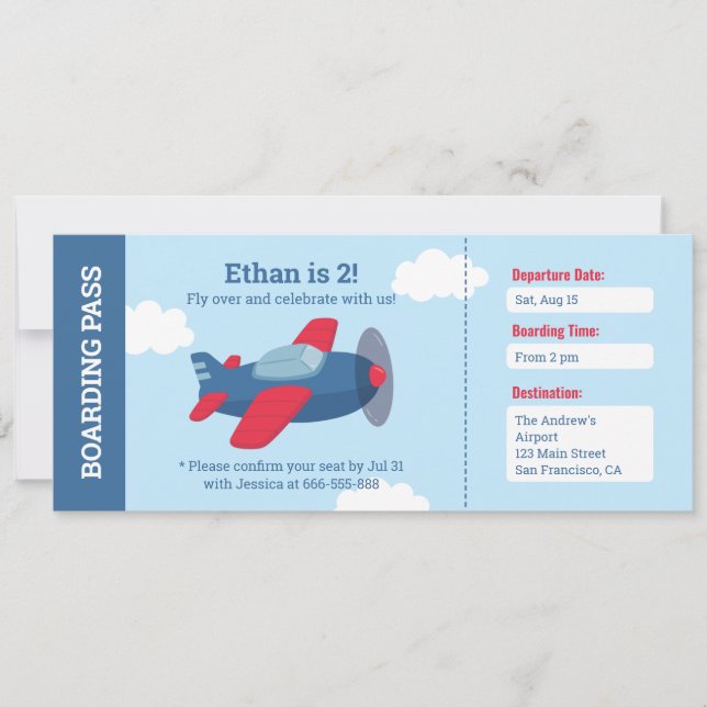 Aeroplane Airline Ticket Boys Birthday Party  Invitation (Front)