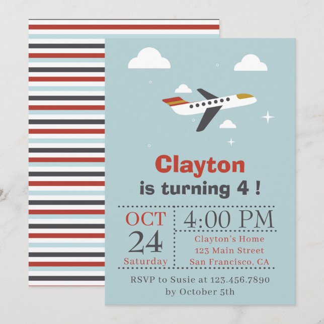 Aeroplane and Clouds Kids Birthday Party Invitation (Front/Back)