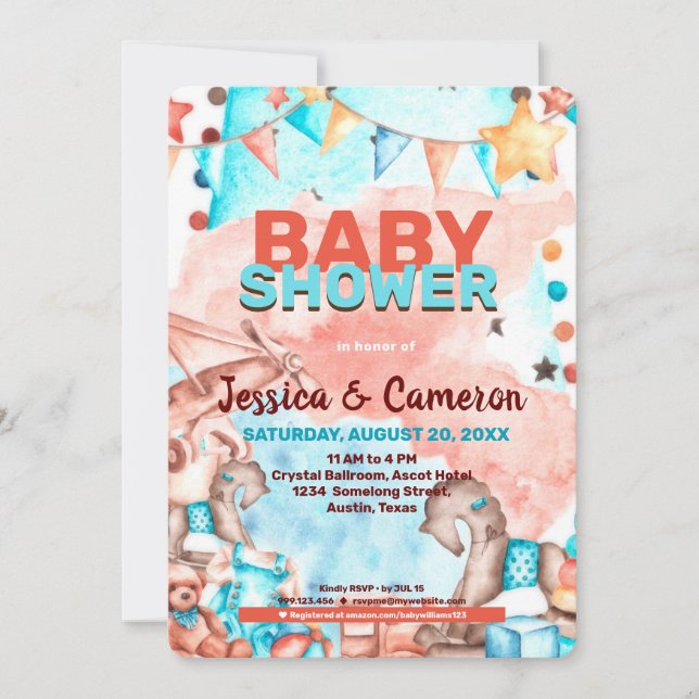 Aeroplane and Teddy Bears Baby Shower Invitation (Front)