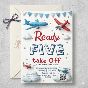 Aeroplane Aviation 5th Birthday Ready Five Take Of Invitation