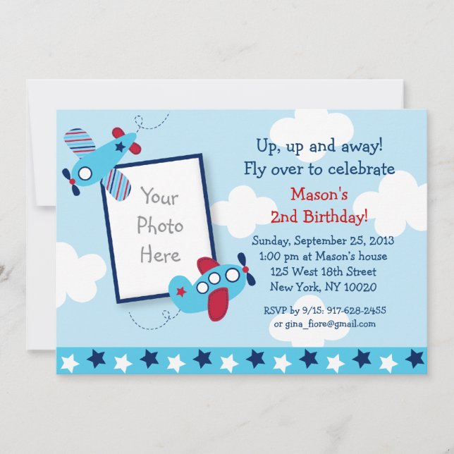 Aeroplane Aviator Boy Photo Birthday Invitations (Front)