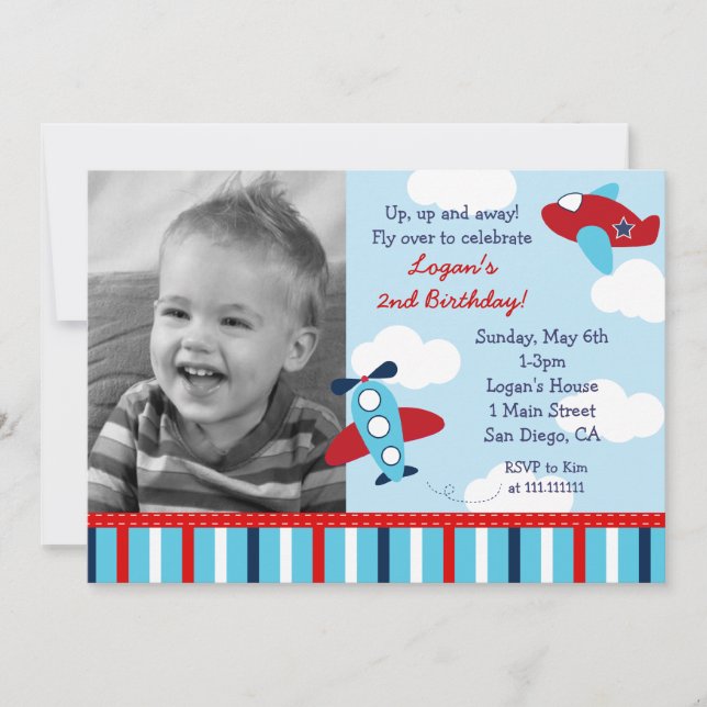 Aeroplane Aviator Boy Photo Birthday Invitations (Front)