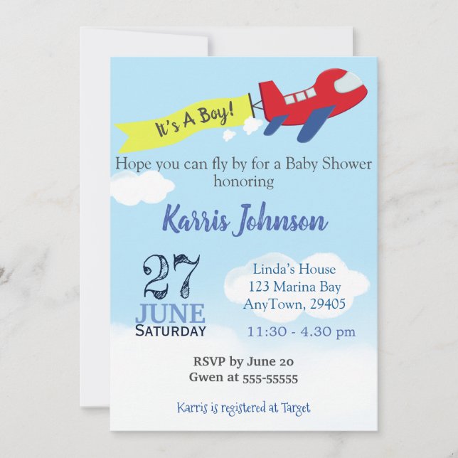 Aeroplane Baby Boy Shower Invitation Sky Blue (Front)