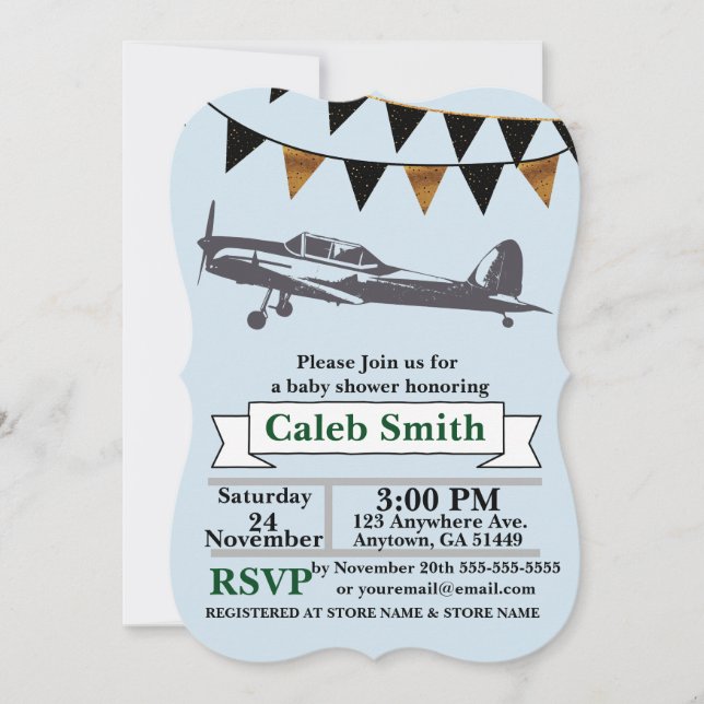 Aeroplane Baby Boy Shower Invitations (Front)