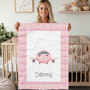 Aeroplane Baby Girl Pink Grey Cute Baby Shower Fleece Blanket