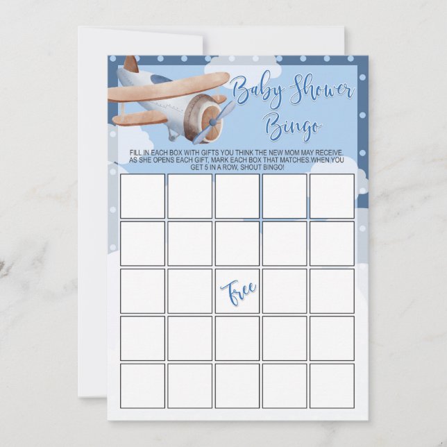 Aeroplane Baby Shower Bingo Game Blue Boy  Invitation (Front)