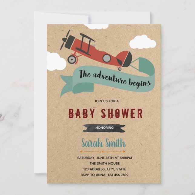 Aeroplane baby shower birthday invitation (Front)
