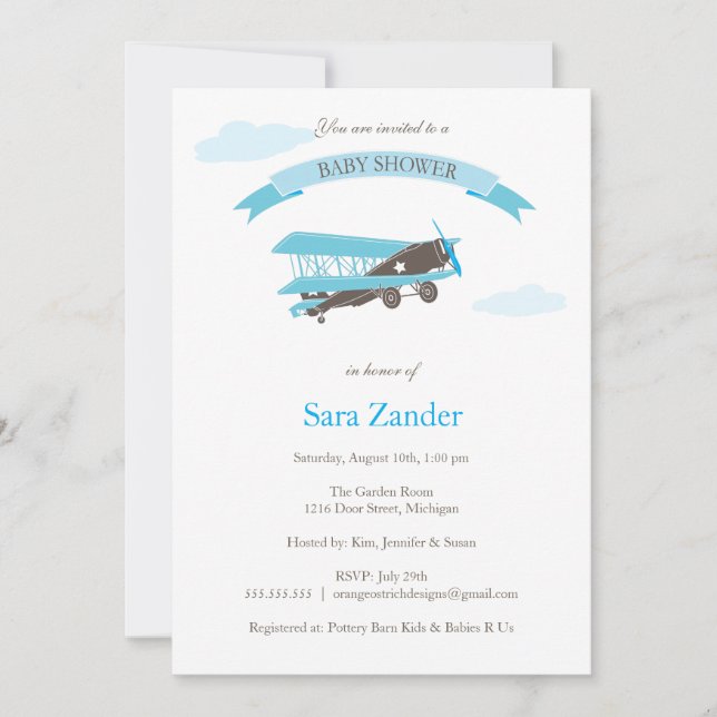 Aeroplane  Baby Shower Invitation - Blue and Brown (Front)