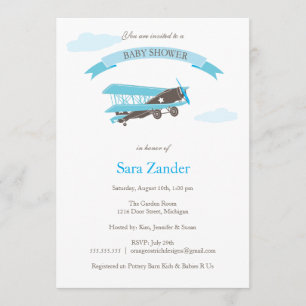 Aeroplane Baby Shower Invitation - Blue and Brown