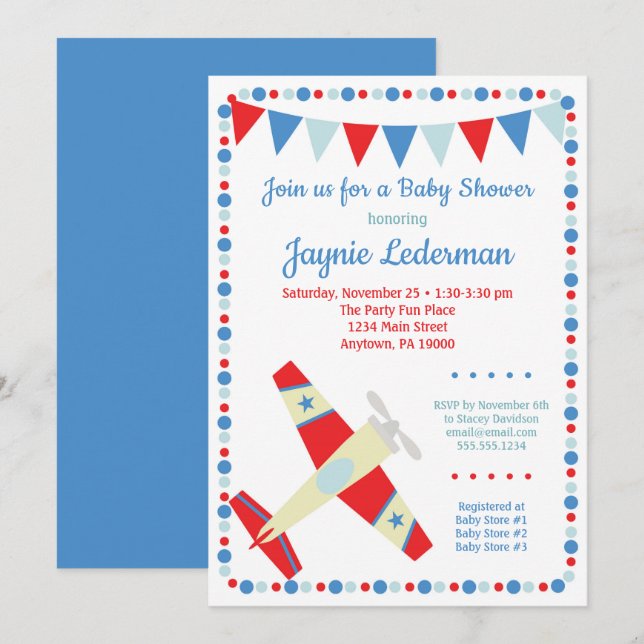 Aeroplane Baby Shower Invitation Boy Baby (Front/Back)