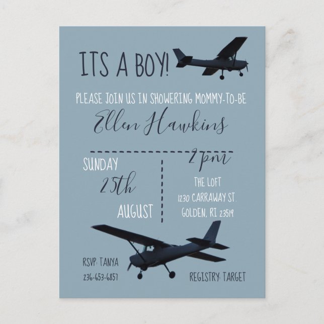 Aeroplane Baby Shower Invitation Postcard (Front)