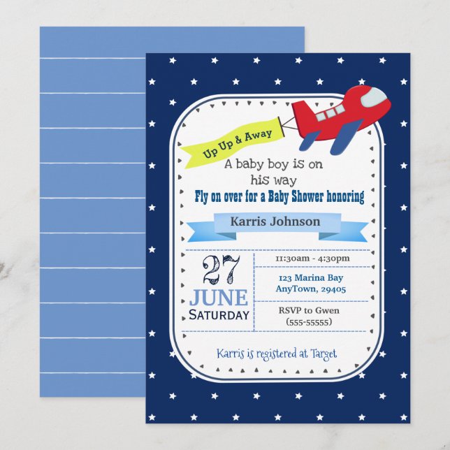Aeroplane Baby Shower Invitation Red and Navy Blue (Front/Back)