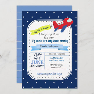 Aeroplane Baby Shower Invitation Red and Navy Blue