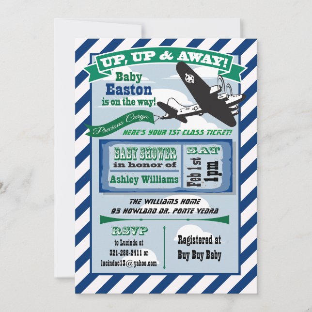 Aeroplane baby shower invitation ticket CUSTOM (Front)
