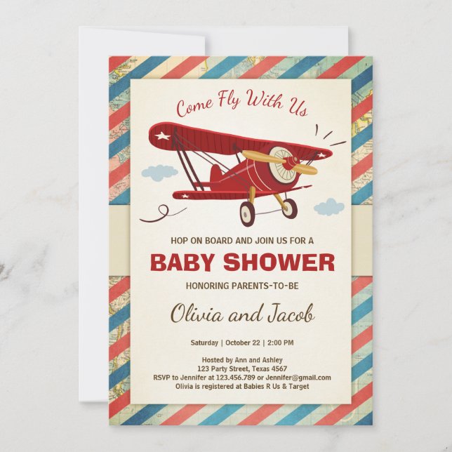Aeroplane Baby Shower Invitation Travel Adventure (Front)