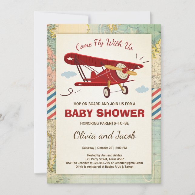 Aeroplane Baby Shower Invitation Travel Adventure (Front)