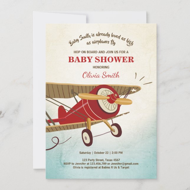 Aeroplane Baby Shower Invitation Travel Adventure (Front)
