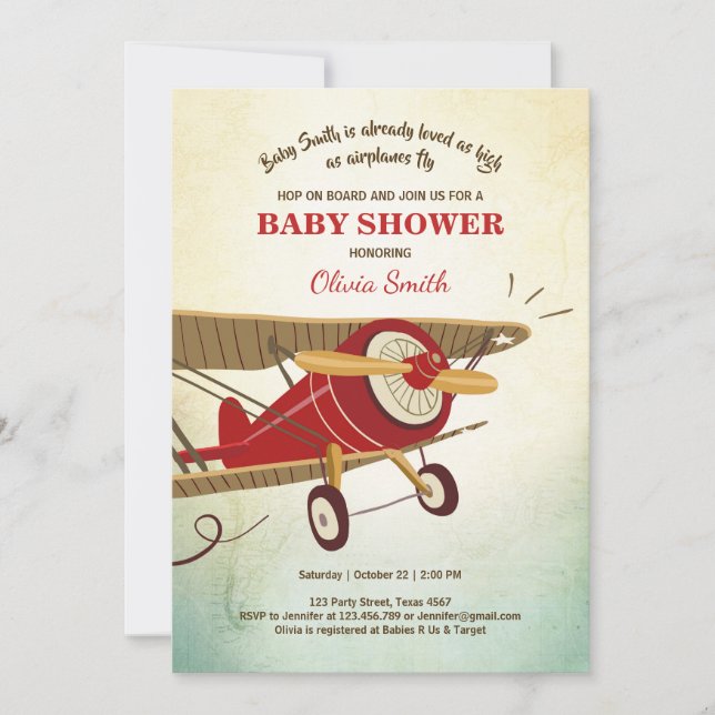 Aeroplane Baby Shower Invitation Travel Adventure (Front)