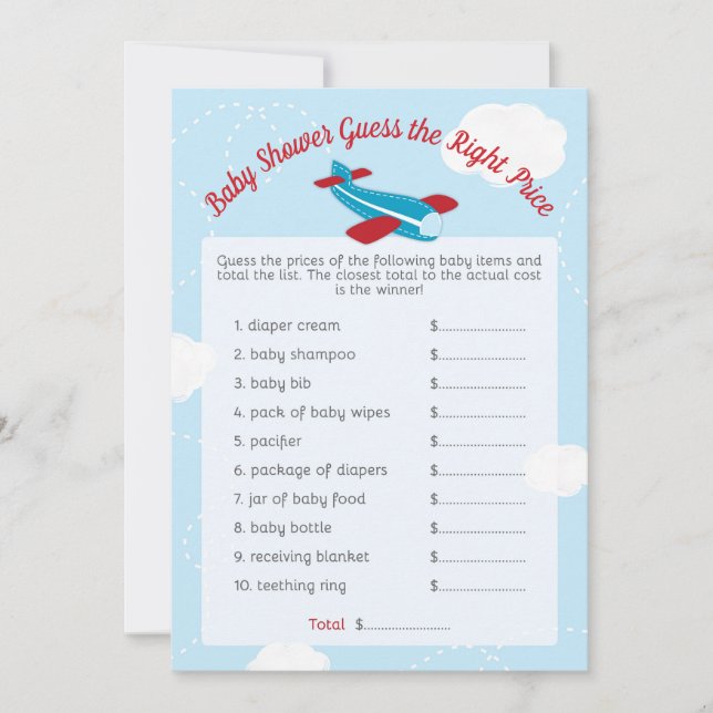 Aeroplane Baby Shower Price Game Cards (Front)