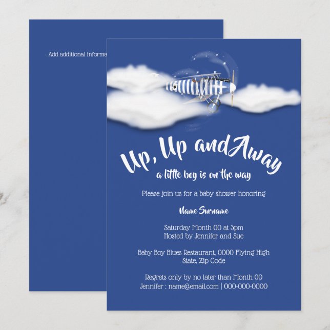Aeroplane baby shower travel boys blue invitation (Front/Back)