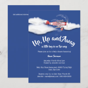 Aeroplane baby shower travel boys blue red invitation