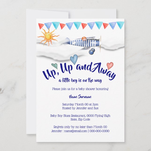 Aeroplane baby shower vintage travel boys birth invitation (Front)