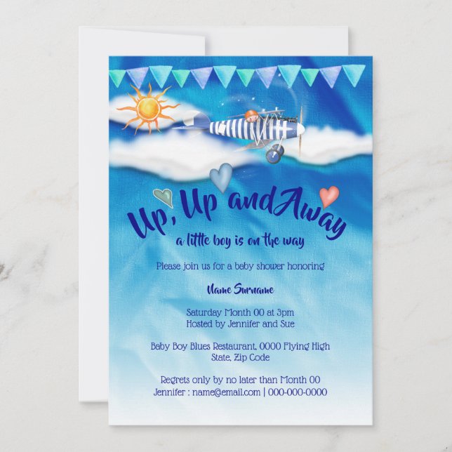 Aeroplane baby shower vintage travel boys flying invitation (Front)