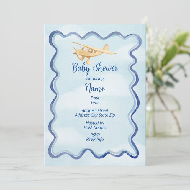 Aeroplane Baby Shower Watercolor Invitation (Standing Front)