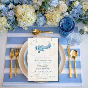 Aeroplane Baby Shower Whimsical Boy Baby Welcome  Invitation