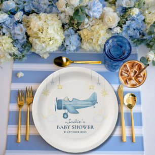 Aeroplane Baby Shower Whimsical Boy Baby Welcome  Paper Plate
