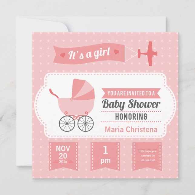 Aeroplane Banner Baby Shower Invitation (Pink) (Front)