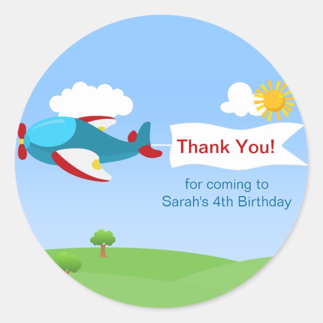 Aeroplane Banner Boy Birthday Party Stickers (Front)