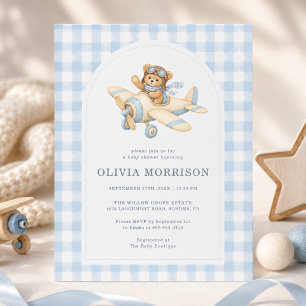 Aeroplane Bear Blue Gingham Boy Baby Shower Invitation