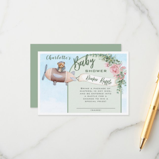Aeroplane Bear Pilot Baby Shower Diaper Raffle Enclosure Card (Front/Back In Situ)