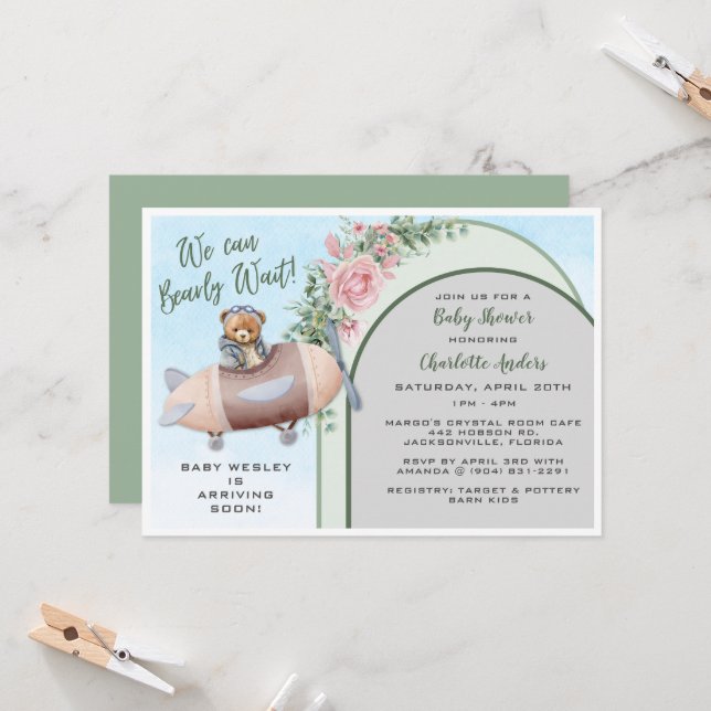 Aeroplane Bear Pilot Baby Shower Invitation (Front/Back In Situ)