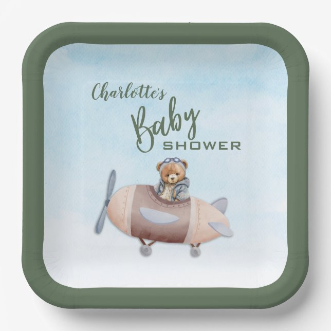 Aeroplane Bear Pilot Baby Shower Paper Plate (Front)