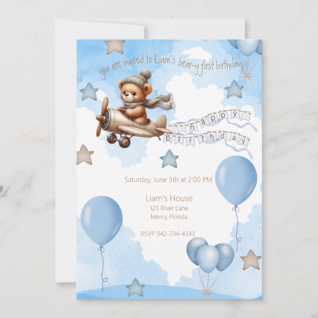 Aeroplane Bear-y first birthday blue Invitation (Front)