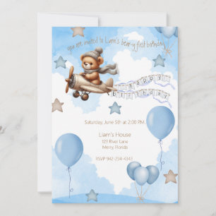Aeroplane Bear-y first birthday blue Invitation