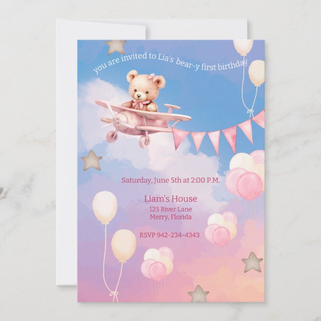Aeroplane Bear-y first birthday pink Invitation (Front)