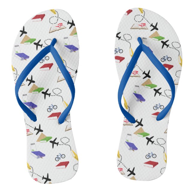 Aeroplane Bicycle Book Red Yellow Blue White Trave Flip Flops (Footbed)