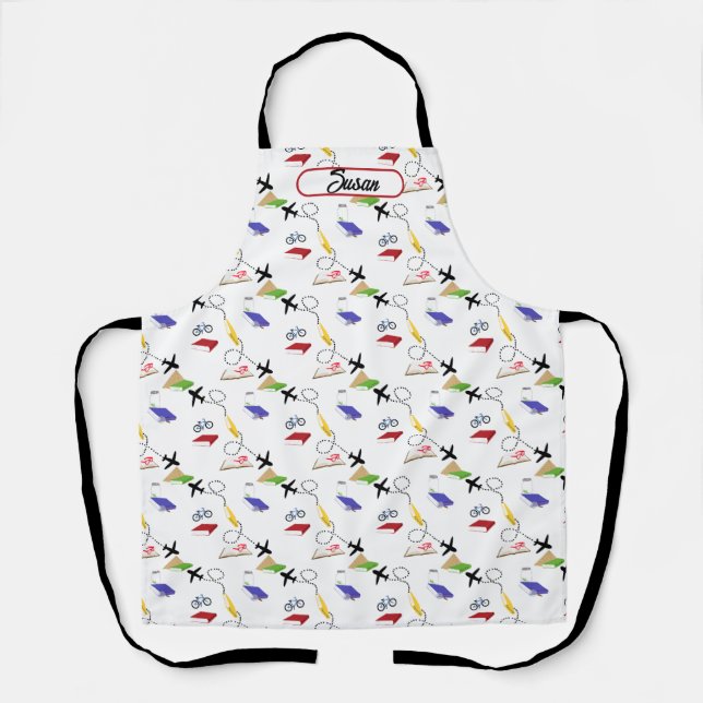 Aeroplane Bicycle Books Red Blue Yellow Travel Apron (Front)