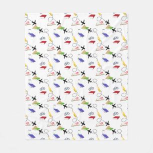Aeroplane, Bicycle, Books, Red, Yellow, Blue Trave Fleece Blanket